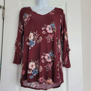 Women's Maurices Tunic XS Burgundy Floral Long Sleeve